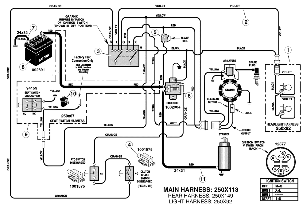 Electrical System Diagram and Parts List for 405625X51A 2006 Briggs and Stratton Lawn Tractor